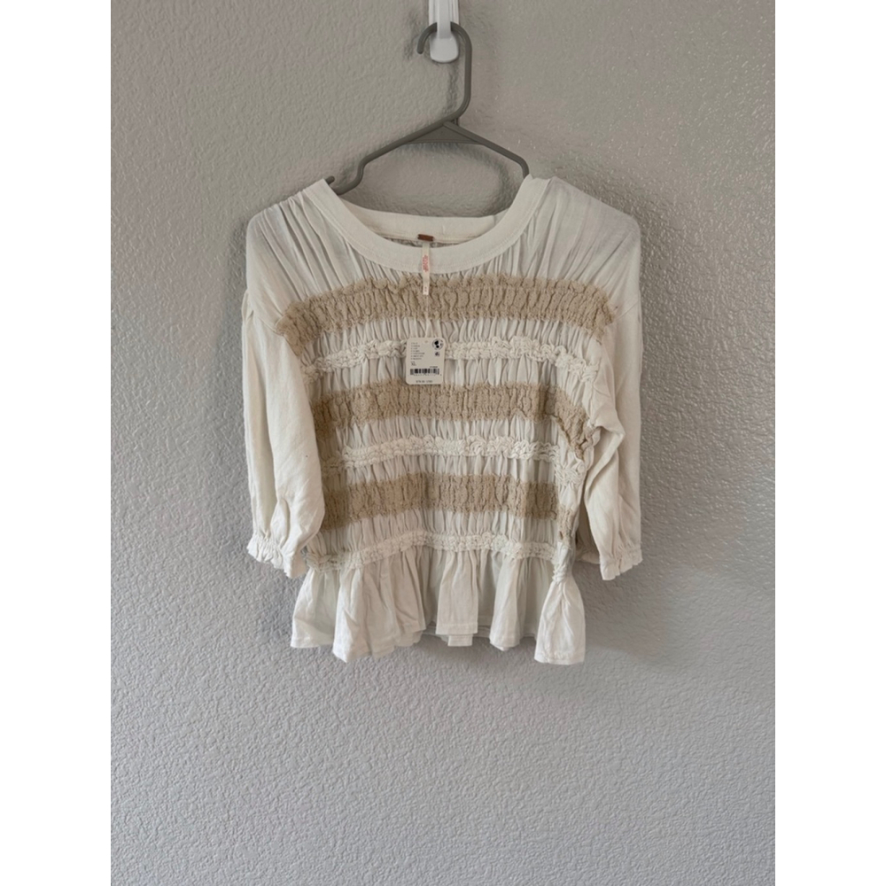 Free People Maxey Knit Smocked Peplum Top Cream Puff Sleeve Size XL Cottagecore - Picture 3 of 7